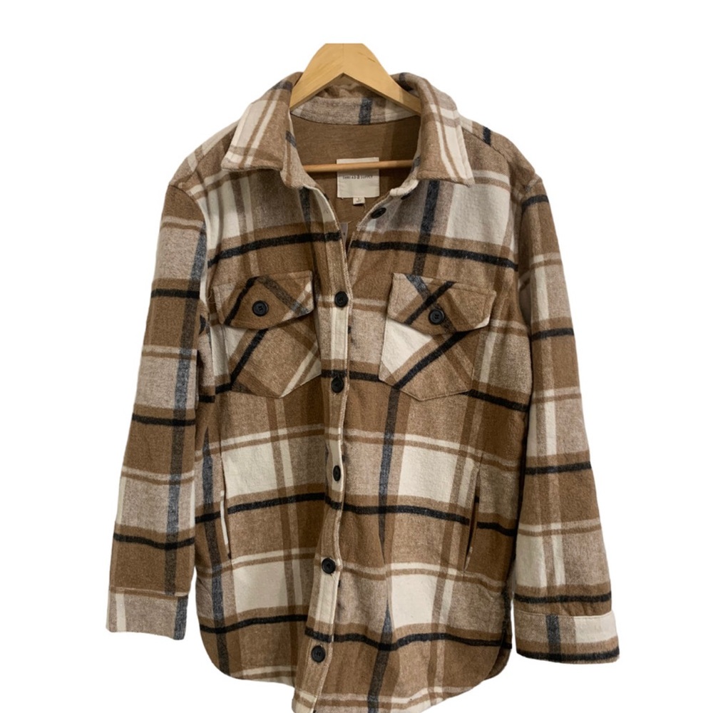 Thread & Supply tan ivory plaid shacket size Large